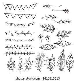 Set floral hand drawn elements line frame