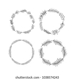 set of floral hand drawn  outlined twigs branches wreaths