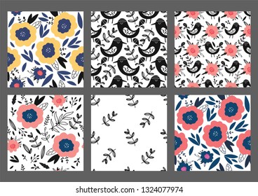 Set of floral hand drawn seamless patterns. Cartoon texture with flowers, leaves, birds. Sketch for wrapping paper, textile, background vector fill.
