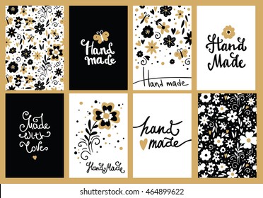 Set of floral hand made card, logotypes and labels. Beautiful hand drawing text and card "Handmade". Crafts workshop, made with love. Floral seamless pattern