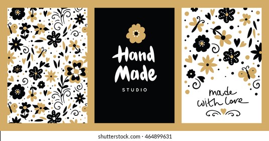 Set of floral hand made card, logotypes and labels. Beautiful hand drawing text and card "Handmade". Crafts workshop, made with love. Floral seamless pattern