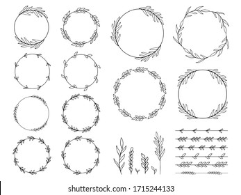 Set of floral hand-drawn brushes, borders, round frames, elements in doodle style on white background. Vector illustration 