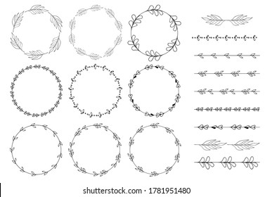 Set of floral hand-drawn brushes, borders, round frames, elements in doodle style on white background. Vector illustration 
