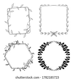 Set of floral hand-drawn frames, elements in doodle style on white background. Vector illustration.