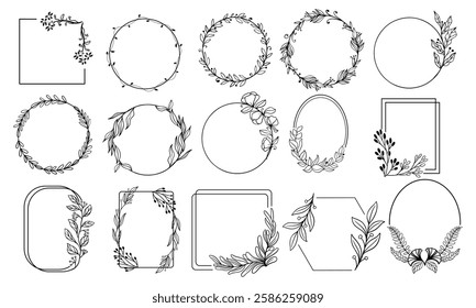 Set of floral handdrawn frames, icons in doodle style on white background