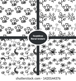 set of floral hand-drawn seamless patterns. Black and white vector illustration