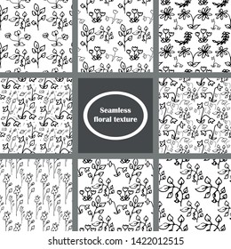 set of floral hand-drawn seamless patterns. Black and white vector illustration
