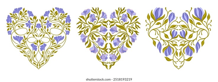 Set of Floral Hearts in Art Nouveau style. Valentine’s Day. Vector.