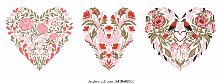 Set of Floral Hearts. Valentine’s Day. Vector.