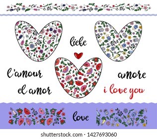 Set of floral hearts with editable stroke on the transparent background. And floral borders and handwritten lettering word love in different languages