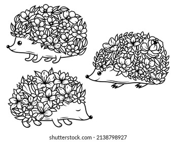 Set von Blumenhedgehog. Sammlung süßer Hedgehog mit Bouqeuts auf dem Rücken. Herbstschlägerei. Waldtiere. Geburtskarte. Vektorgrafik für Kinder.