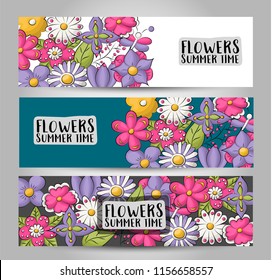 A set of floral horizontal banners. Spring and summer concept cards. Vector illustration.