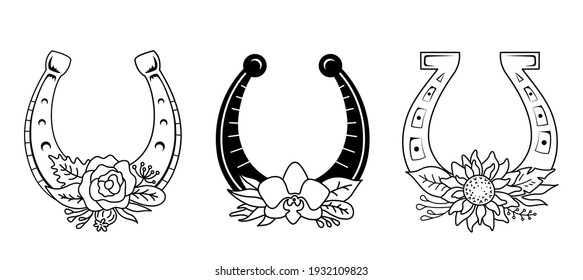 Set of floral horseshoe. Vector outline symbol of luck. Vintage monochrome illustration in linear style. Silhouette of a horseshoe with flowers and leaves with place for text. Monogram frame.