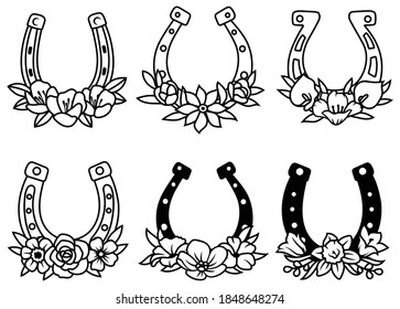 Set of floral horseshoes. Collection of silhouette of a metal horseshoe decorated with flowers. Symbol of prosperity and lucky. Design for print. Vector illustration isolated on white background.
