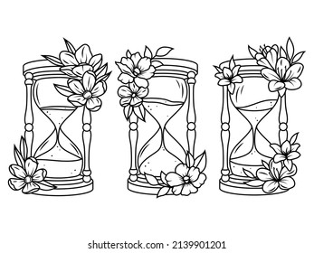 Set of floral hourglass. Collection ancient hourglass with a beautiful flowers. Vintage watch. Design for tattoo. Vector illustration for a postcard or a poster.