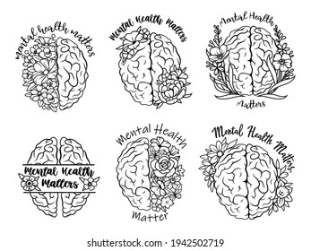 Set of floral human brain. Collection of brain with inscription "Mental health matter".  Human anatomy.  Medical art. Vector illustration on white background. 