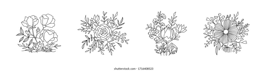 Set of floral icon in flat design. Thin line style
