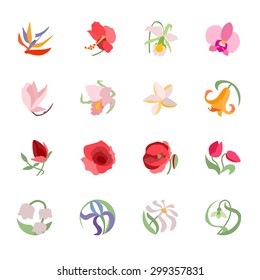 Set with floral icons. Coloured. Tropic, cultivate, wild flowers.