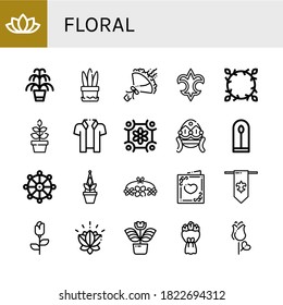 Set of floral icons. Such as Lotus flower, Kentia, Plant, Bouquet, Fleur de lis, Floral design, Hawaiian, Faberge, Buddhism, Flower crown, Wedding card, Rose, Lotus , floral icons