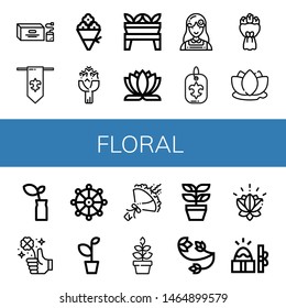 Set of floral icons such as Tea bag, Fleur de lis, Flower bouquet, Roses, Plant, Lotus flower, Florist, Bouquet, Lotus, Clover, Buddhism, Floral design, Easter , floral