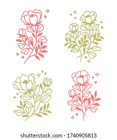 conjunto de elementos del logotipo de la ilustración floral y diseño del lino de la planta floral para pegatinas, tarjetas, etiquetas, invitación a la boda, decoración o banner