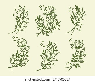 conjunto de elementos del logotipo de la ilustración floral y diseño del lino de la planta floral para pegatinas, tarjetas, etiquetas, invitación a la boda, decoración o banner