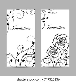 Set of floral invitation cards design. Black plant pattern on white background. Vector illustration.