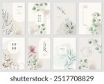 Set of floral invitation save the date card with watercolor branch and flowers. Luxury vintage botanic template layout design, brochure or cover