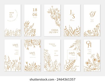 Speichern Set von floralen Einladung zur Dattelkarte mit detaillierten verschiedenen Blumen. Luxus Vintage botanische Vorlage Layout Design, Broschüre oder Cover