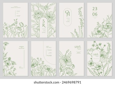 Set of floral invitation save the date card with detailed various flowers. Luxury vintage botanic template layout design, brochure or cover