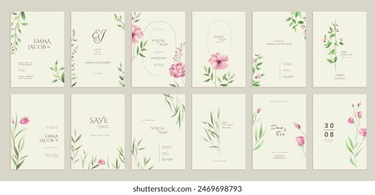 Set of floral invitation save the date card with watercolor branch and flowers. Luxury vintage botanic template layout design, brochure or cover