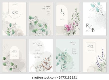 Set of floral invitation save the date card with watercolor branch and flowers. Luxury vintage botanic template layout design, brochure or cover. Botanical vector illustration, line herbs