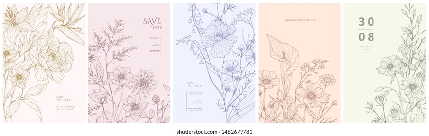 Set of floral invitation save the date card with detailed various flowers. Luxury vintage botanic template layout design, brochure or cover