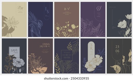 Set of floral invitation save the date card with detailed various flowers. Luxury vintage botanic template layout design, brochure or cover