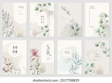 Set of floral invitation save the date card with watercolor branch and flowers. Luxury vintage botanic template layout design, brochure or cover