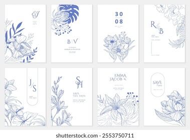 Set of floral invitation save the date card with detailed various flowers. Luxury vintage botanic template layout design, brochure or cover