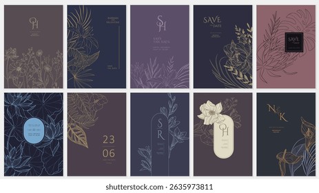 Set of floral invitation save the date card with detailed various flowers. Luxury vintage botanic template layout design, brochure or cover. Botanical vector illustration, line herbs