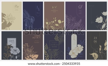 Set of floral invitation save the date card with detailed various flowers. Luxury vintage botanic template layout design, brochure or cover