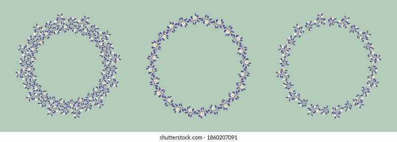 Set of floral isolated vector wreaths, branches with purple leaves and light cream flowers on  sage green background. Vector illustration, design for poster, banner, invitation, book, fabric, wrapping