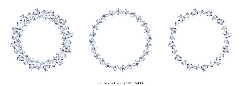 Set of floral isolated vector wreaths, branches with teal leaves and purple flowers on white. Vector illustration, design for poster, banner, invitation, book, fashion fabric, wrapping.