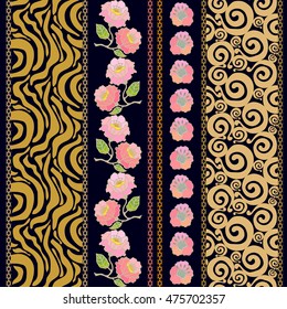 Set of floral lace borders with bohemian motifs. Hand drawn seamless roses and abstract flowers, scrolls pattern, zebra print. Vintage textile collection. Golden shadows on black. 
