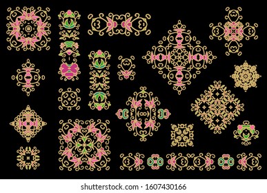 Set of floral laced vector border ornaments, decorative elements, rosettes on dark background