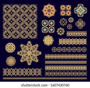 Set of floral laced vector border ornaments, decorative elements, rosettes on dark background