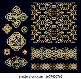 Set of floral laced vector border ornaments, decorative elements, rosettes on dark background