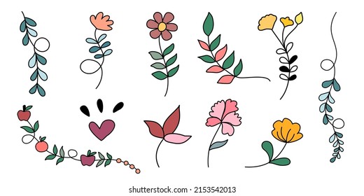 Set of floral and leaf elements vector designed in doodle style on white background for decorating cards, digital prints, paper patterns, stickers, pillows and more.
