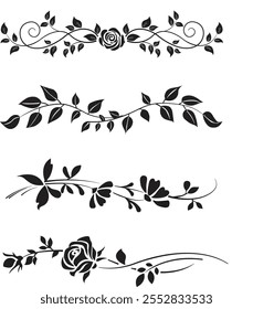 Um conjunto Folhas florais e flor vetor linha arte