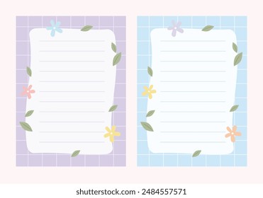 Set of floral and leaves note paper. Printable memo paper