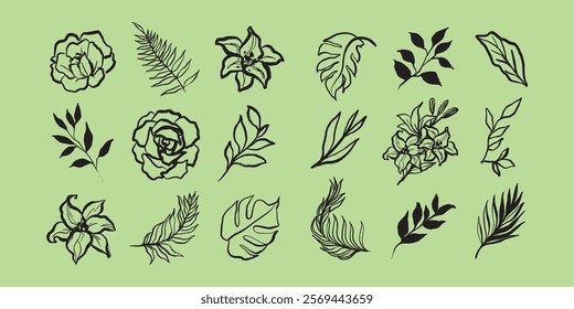 Set of floral line art with leaves and flowers. Includes various leaves and flowers in black line art. Perfect for floral designs and botanical art. Aesthetic hand drawn nature element vector set.