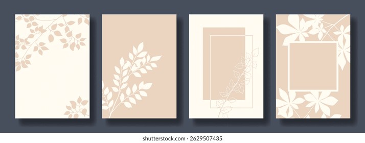 Set of floral minimalist greeting card with tree branches and leaves of light beige and white color. Vector vertical template of modern design in minimalism style for cover, poster, invitation.