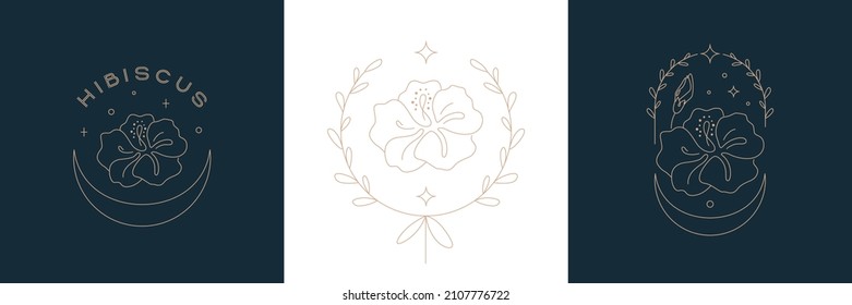 A set of floral minimalistic logos. Hibiscus drawn with a line. Bohemian emblems with a line with flowers and leaves, a beautiful symbol for the logo and packaging of cosmetics